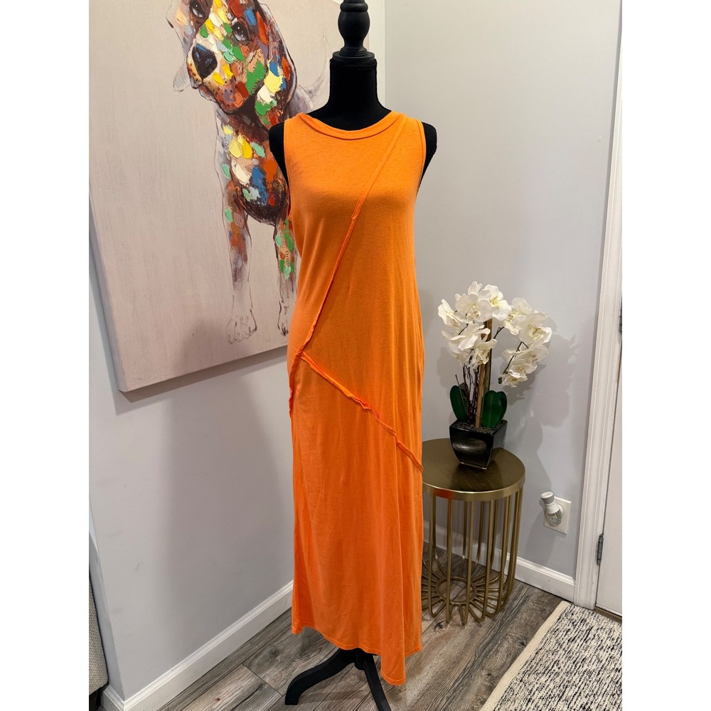 See you Monday Orange Sleeveless Raw Edge Seam Maxi Dress, M. NWOT